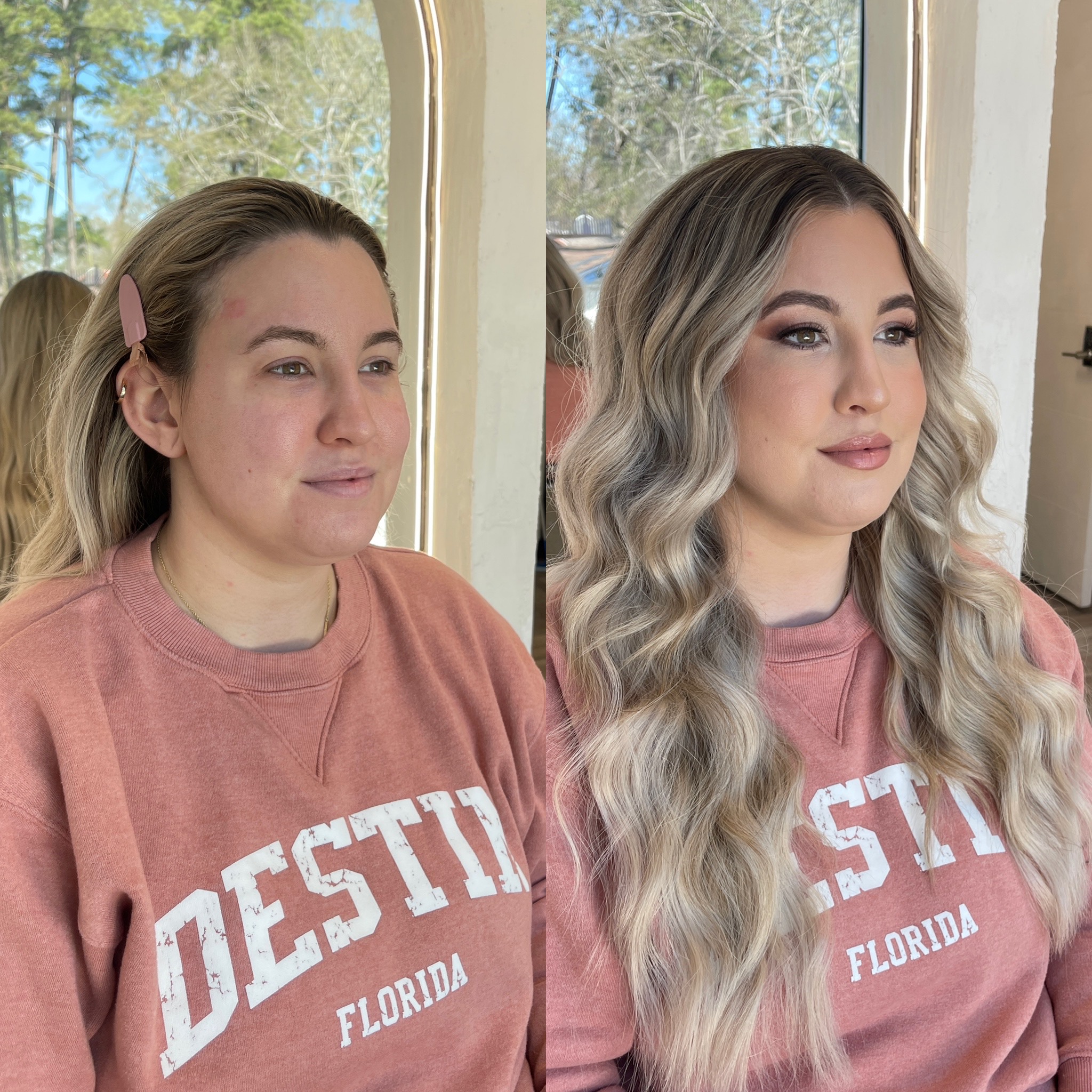 A second event makeup look, before and after